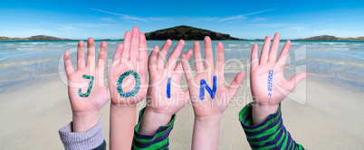 Children Hands Building Word Join, Ocean Background
