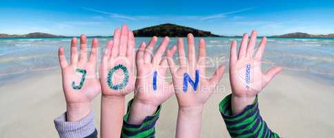 Children Hands Building Word Join, Ocean Background