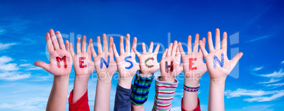 Children Hands Building Word Menschen Means Human, Blue Sky