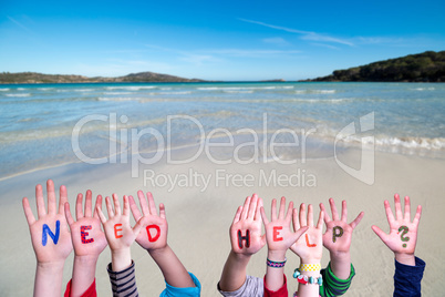 Children Hands Building Word Need Help, Ocean Background