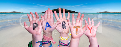 Children Hands Building Word Party, Ocean Background