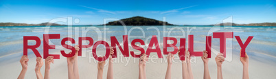 People Hands Holding Word Responsibility, Ocean Background