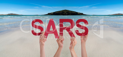People Hands Holding Word SARS, Ocean Background