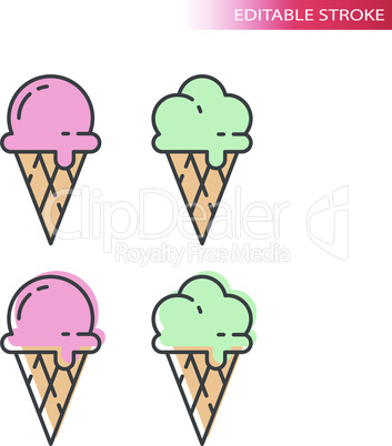Ice cream with waffle cone colorful icon set