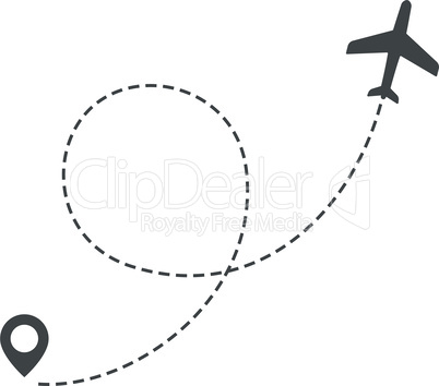 Airplane route trace in dashed line with location pin