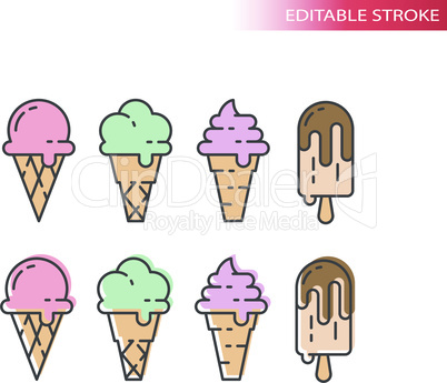 Ice cream with waffle cone colorful icon set