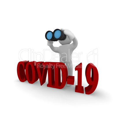 Small character with binoculars and the word COVID-19