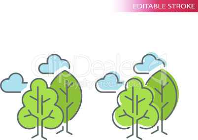 Green trees with clouds line vector icon