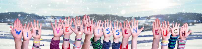 Children Hands Building Wir Vermissen Euch Means We Miss You, Winter Background