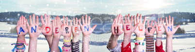 Kids Hands Holding Word Anderen Helfen Means Help Others, Winter Background