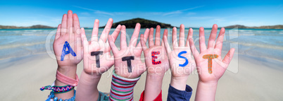 Children Hands Building Word Attest Means Attestation, Ocean Background