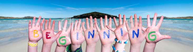 Children Hands Building Word Beginning, Ocean Background