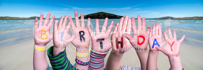 Children Hands Building Word Birthday, Ocean Background