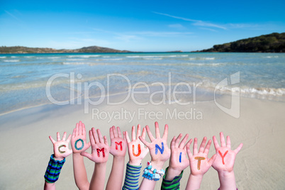 Children Hands Building Word Community, Ocean Background