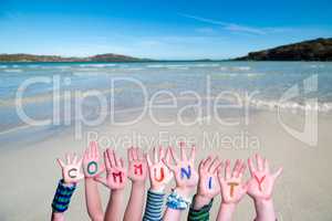 Children Hands Building Word Community, Ocean Background