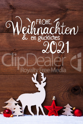 Snow, Deer, Tree, Red Ball, Glueckliches 2021 Means Happy 2021