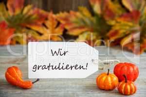 Label, Wir Gratulieren Means Congratulations, Pumpkin And Leaves