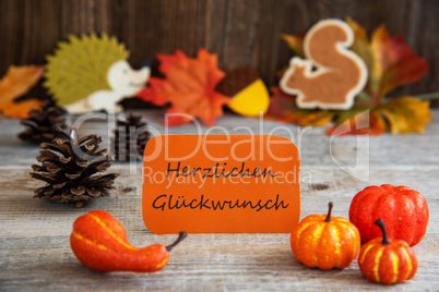 Label With Autumn Decoration, Glueckwunsch Means Congratulations