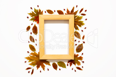 Wooden Frame With Colorful And Bright Autumn Leaf Decoration, Copy Space