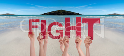 People Hands Holding Word Fight, Ocean Background