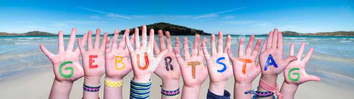 Children Hands Building Word Geburtstag Means Birthday, Ocean Background