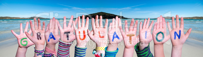 Children Hands Building Word Gratulation Means Congratulations, Ocean Background