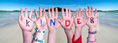 Children Hands Building Word Kinder Means Kids, Ocean Background