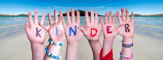 Children Hands Building Word Kinder Means Kids, Ocean Background