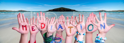 Children Hands Building Word Mediation, Ocean Background