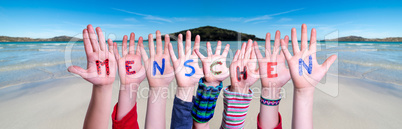 Children Hands Building Word Menschen Means Human, Ocean Background
