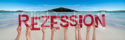 People Hands Holding Word Rezession Means Recession, Ocean Background