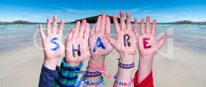 Children Hands Building Word Share, Ocean Background
