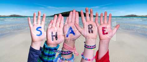 Children Hands Building Word Share, Ocean Background