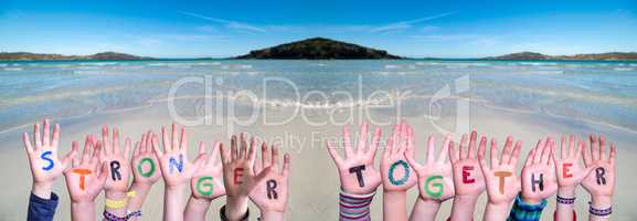 Children Hands Building Word Stronger Together, Ocean Background
