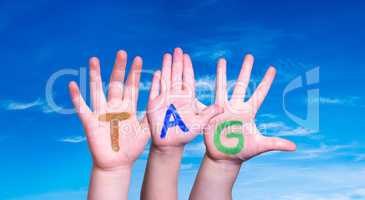 Children Hands Building Word Tag Means Day, Blue Sky