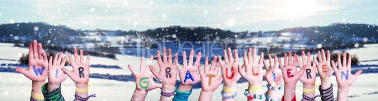 Children Hands, Wir Gratulieren Mean Congratulations, Snowy Winter Background