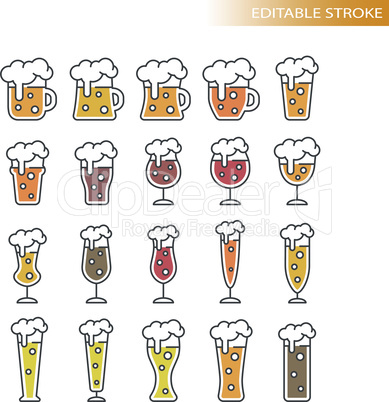 Beer glasses types colorful cartoon with editable stroke