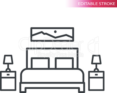 Bedroom furniture, home interior thin line vector icon set
