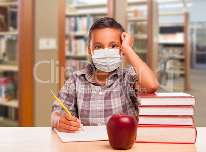 Hispanic Boy Wearing Face mask with Books, Apple, Pencil and Pap