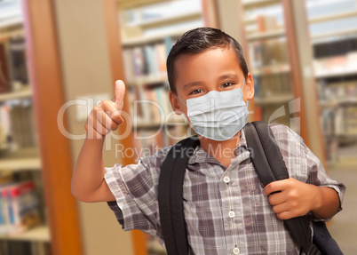 Hispanic Student Boy Wearing Face Mask with Thumbs Up and Backpa