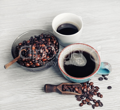 Coffee cups, coffee beans