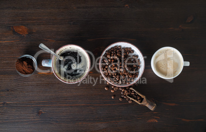 Espresso, coffee beans, ground powder