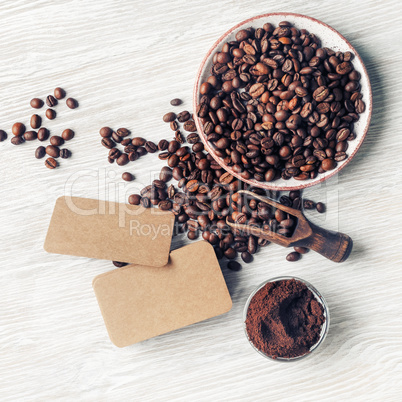 Business cards, coffee beans