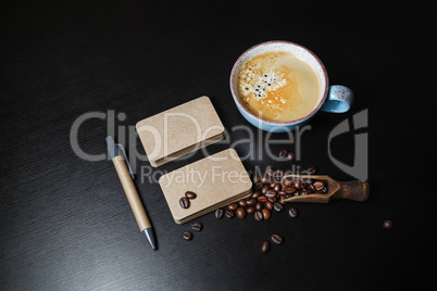 Business cards, coffee