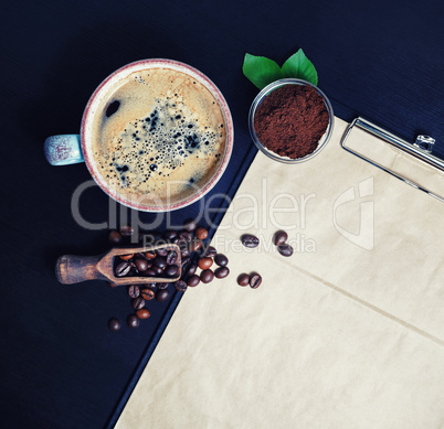 Coffee cup, beans, coffee ground