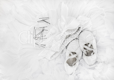 Children's ballet shoes, skirt, hairpins.