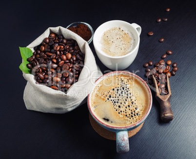 Coffee cups, coffee beans