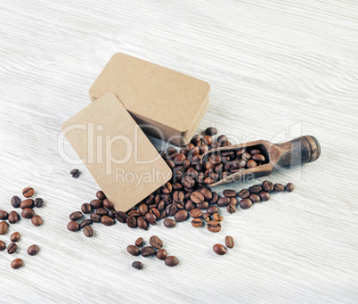 Business cards, coffee beans