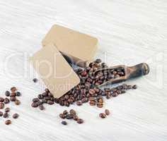 Business cards, coffee beans