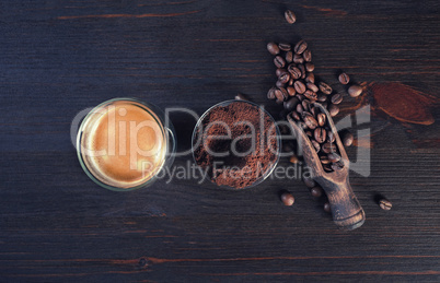 Espresso, coffee beans, ground powder